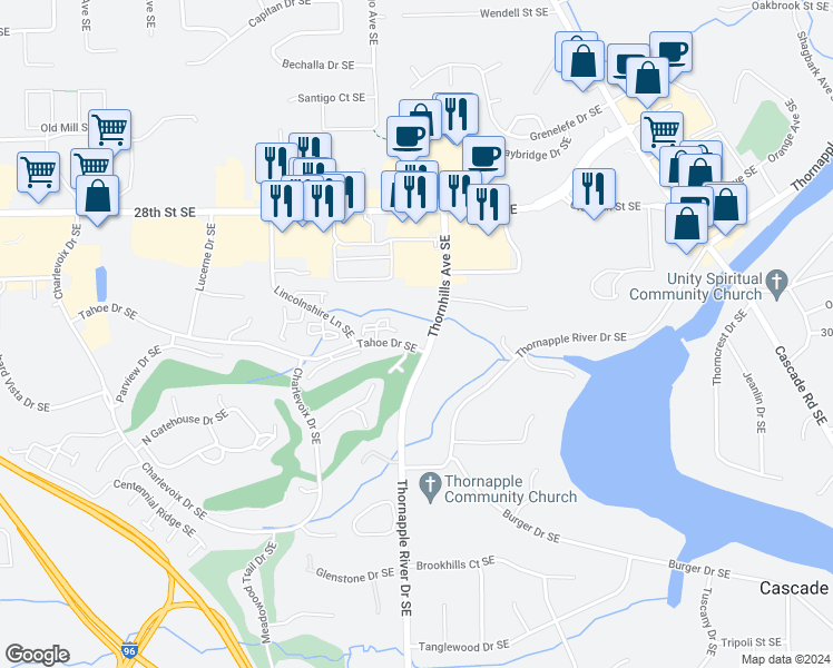 map of restaurants, bars, coffee shops, grocery stores, and more near 6433 Wainscot Drive Southeast in Grand Rapids