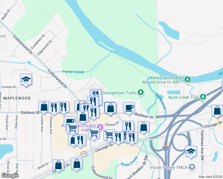 map of restaurants, bars, coffee shops, grocery stores, and more near 7664 Riverview Drive in Georgetown Township
