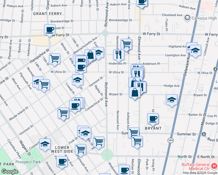 map of restaurants, bars, coffee shops, grocery stores, and more near 263 Richmond Avenue in Buffalo