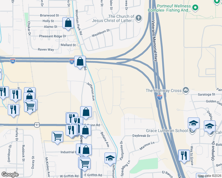map of restaurants, bars, coffee shops, grocery stores, and more near 1060 Dolostone Drive in Pocatello