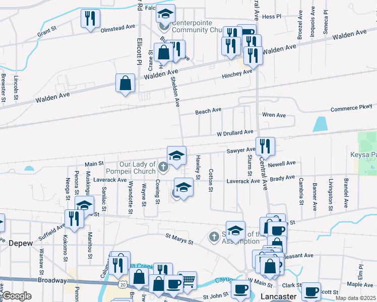 map of restaurants, bars, coffee shops, grocery stores, and more near 94 Sawyer Avenue in Lancaster