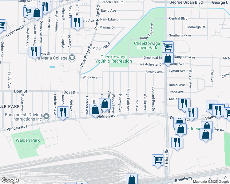map of restaurants, bars, coffee shops, grocery stores, and more near 56 Woodell Avenue in Buffalo
