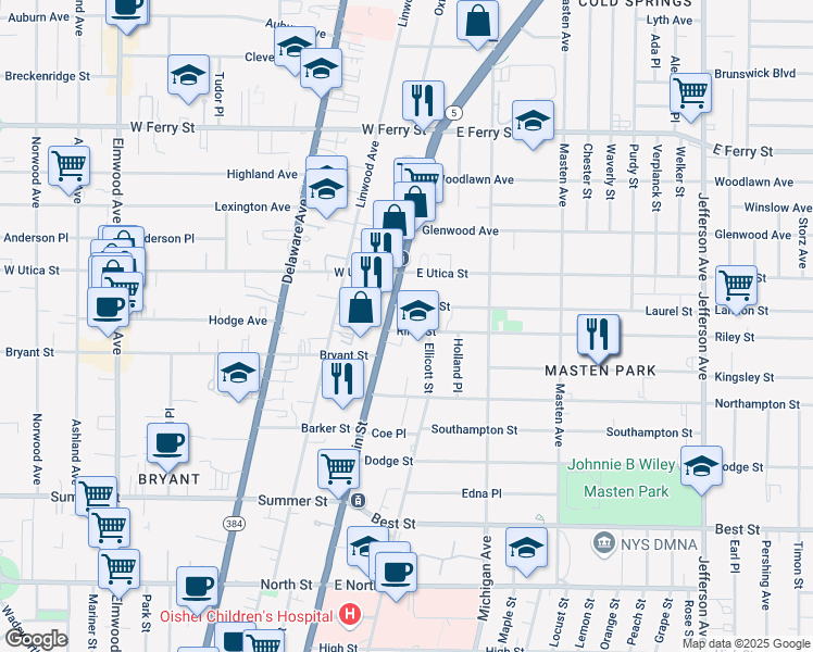 map of restaurants, bars, coffee shops, grocery stores, and more near 1140 Ellicott Street in Buffalo