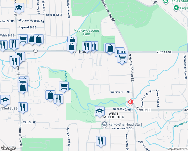 map of restaurants, bars, coffee shops, grocery stores, and more near 1333 Forrester Street Southeast in Grand Rapids