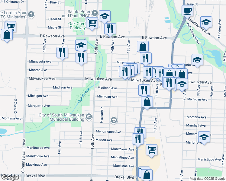 map of restaurants, bars, coffee shops, grocery stores, and more near 1321 Michigan Avenue in South Milwaukee