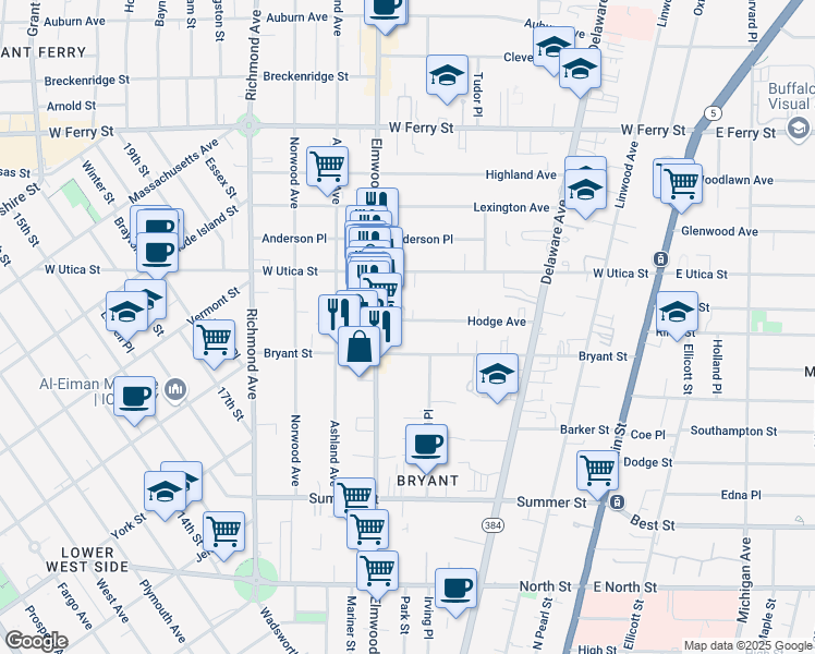 map of restaurants, bars, coffee shops, grocery stores, and more near 140 Hodge Avenue in Buffalo