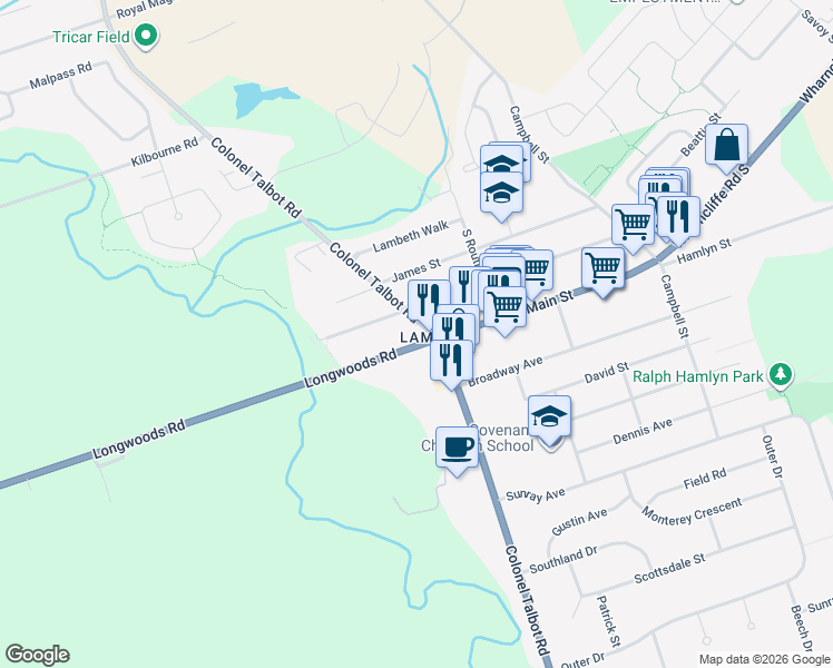 map of restaurants, bars, coffee shops, grocery stores, and more near 7061 Longwoods Road in London