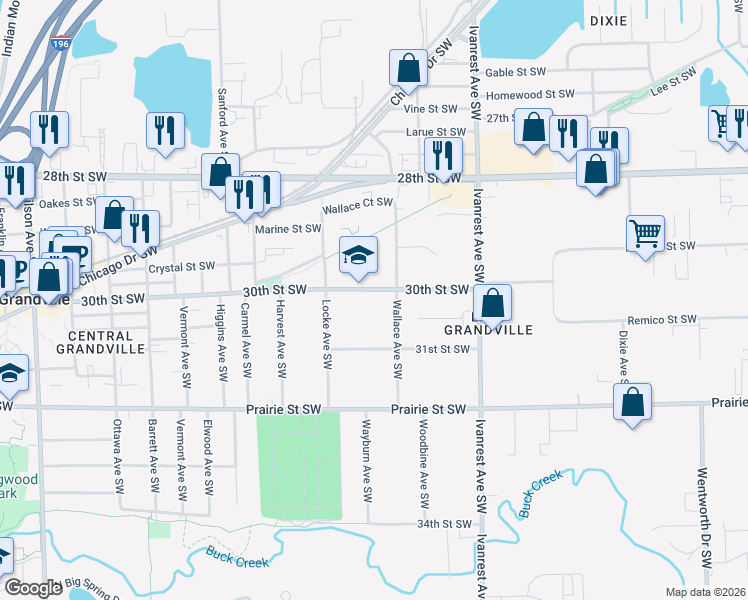map of restaurants, bars, coffee shops, grocery stores, and more near 3423 31st Street Southwest in Grandville