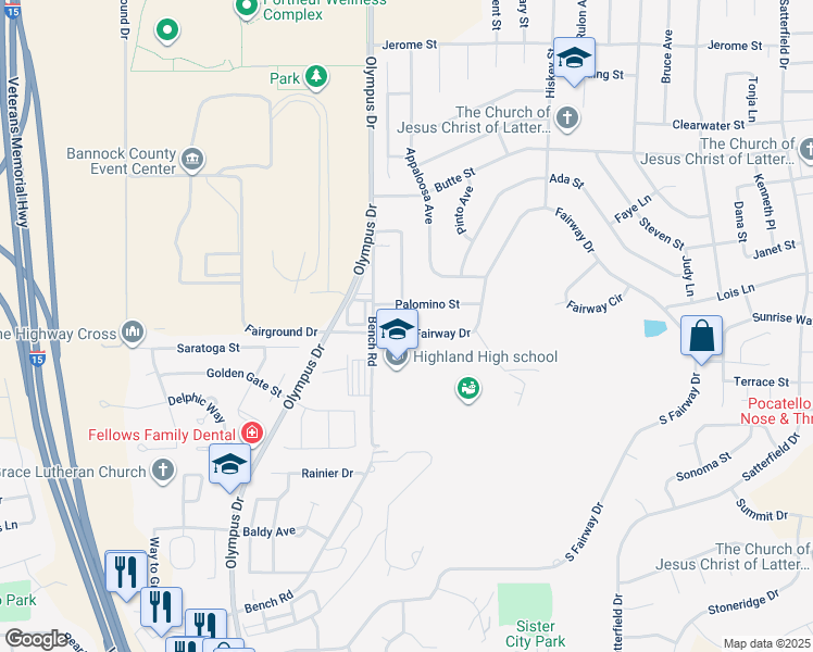 map of restaurants, bars, coffee shops, grocery stores, and more near 130 Fairway Drive in Pocatello
