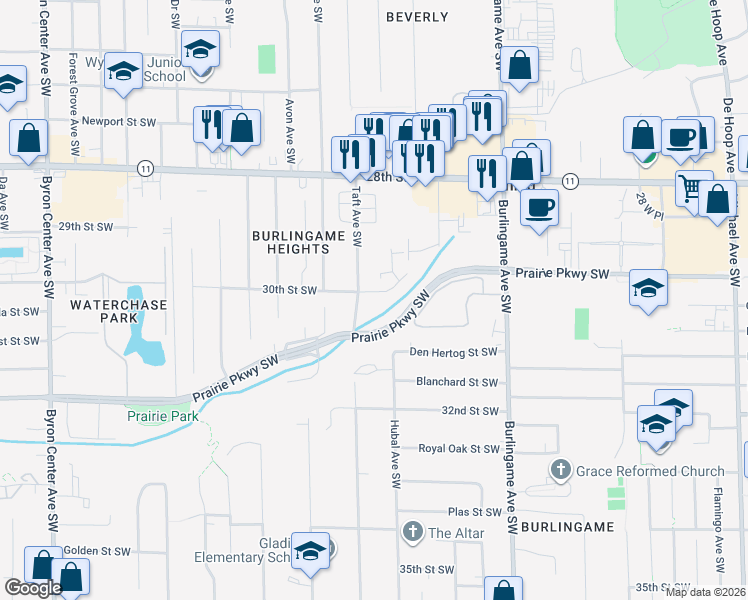 map of restaurants, bars, coffee shops, grocery stores, and more near 1852 30th Street Southwest in Wyoming