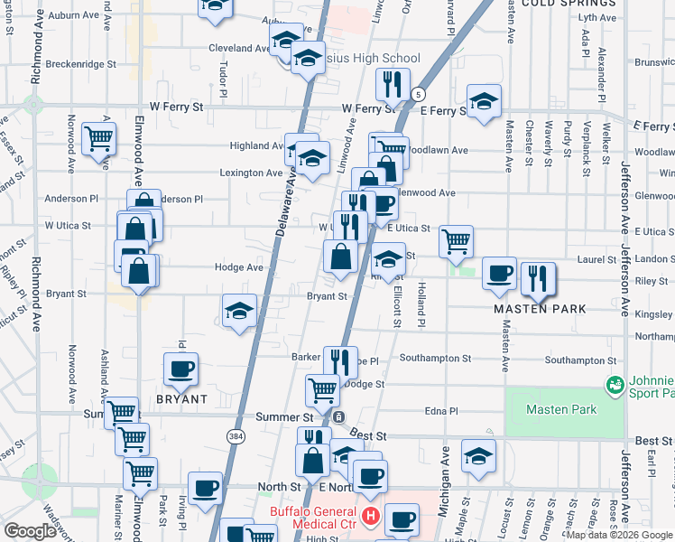 map of restaurants, bars, coffee shops, grocery stores, and more near 1300 Main Street in Buffalo