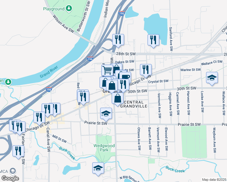 map of restaurants, bars, coffee shops, grocery stores, and more near in Grandville