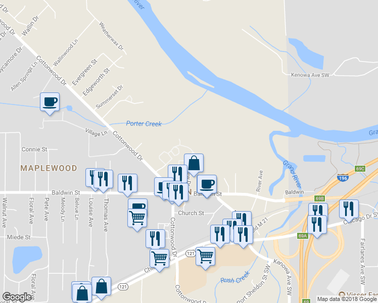 map of restaurants, bars, coffee shops, grocery stores, and more near 7732 Riverview Drive in Georgetown Township