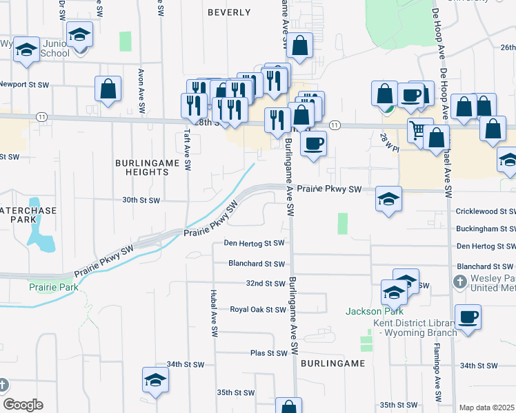 map of restaurants, bars, coffee shops, grocery stores, and more near 2965 Burlingame Avenue Southwest in Wyoming