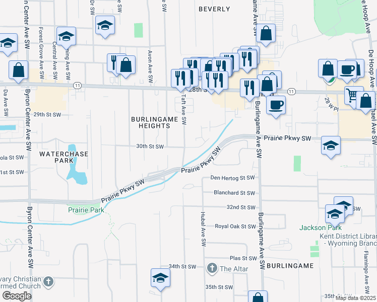 map of restaurants, bars, coffee shops, grocery stores, and more near 2976 Taft Avenue Southwest in Wyoming