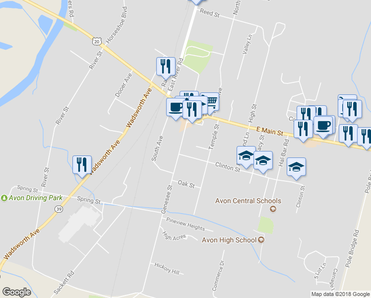 map of restaurants, bars, coffee shops, grocery stores, and more near 142 Genesee Street in Avon