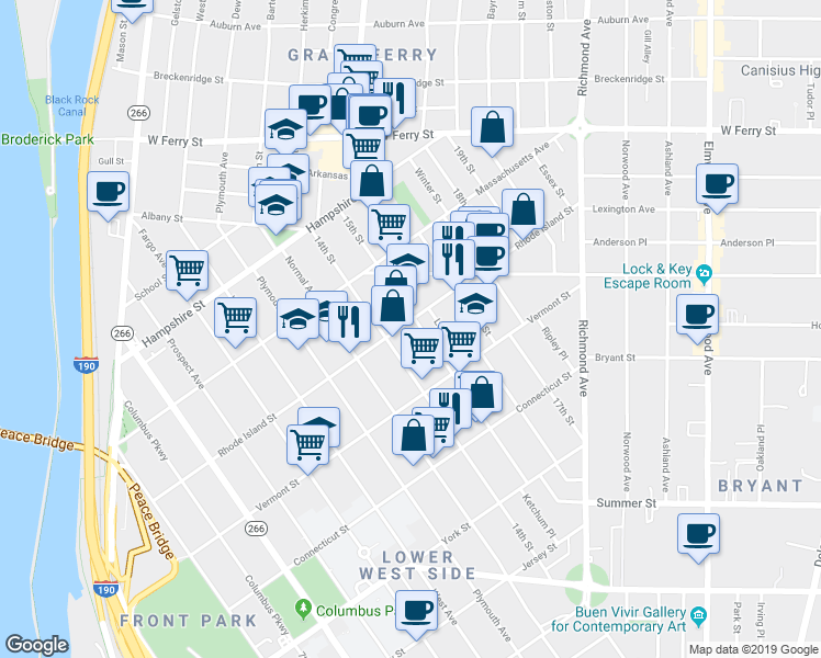 map of restaurants, bars, coffee shops, grocery stores, and more near 325 Rhode Island Street in Buffalo