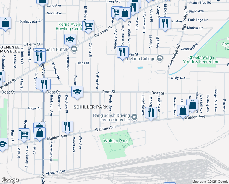 map of restaurants, bars, coffee shops, grocery stores, and more near Doat Street & Sprenger Avenue in Buffalo