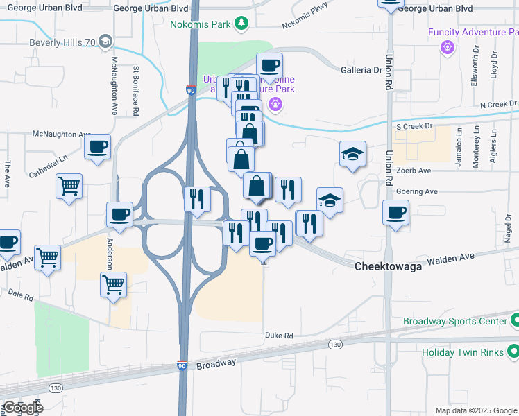 map of restaurants, bars, coffee shops, grocery stores, and more near 3 Walden Galleria in Cheektowaga