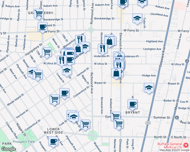 map of restaurants, bars, coffee shops, grocery stores, and more near 269 Richmond Avenue in Buffalo