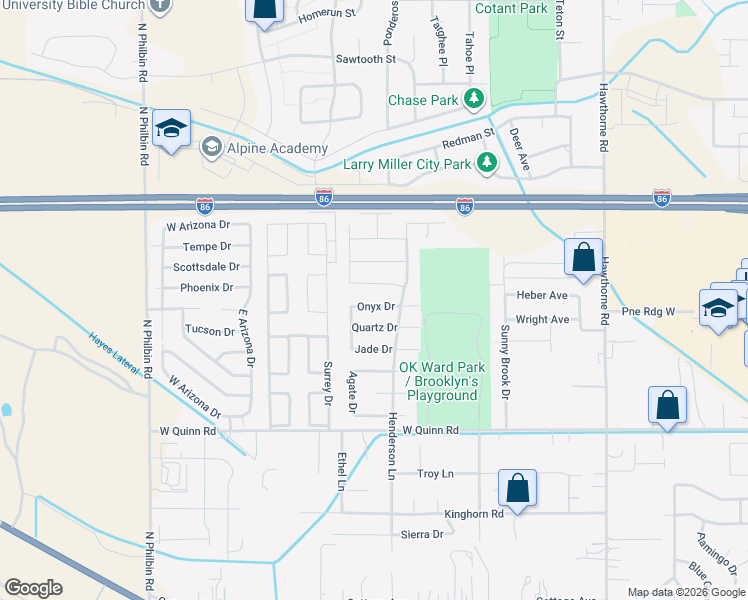map of restaurants, bars, coffee shops, grocery stores, and more near 1622 Roy Street in Pocatello