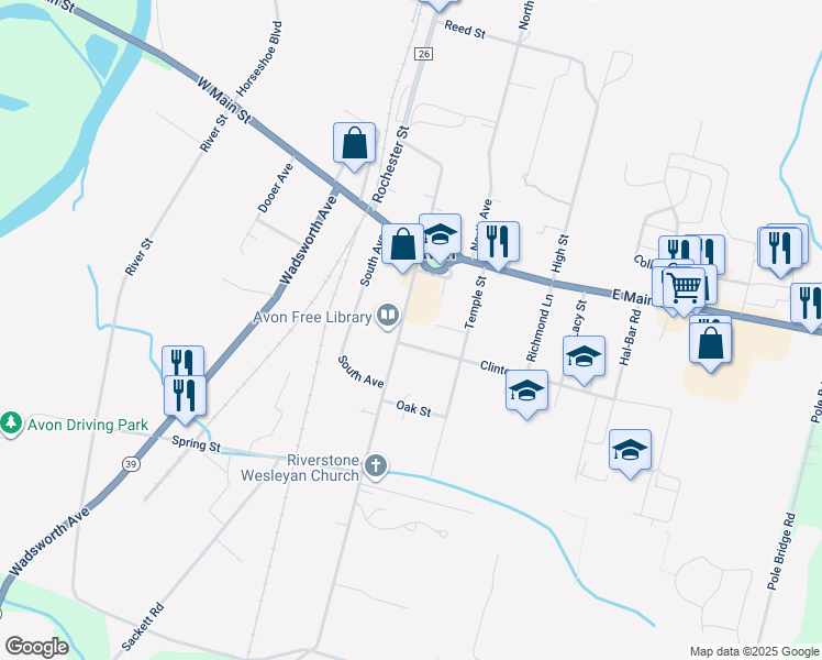map of restaurants, bars, coffee shops, grocery stores, and more near 112 Genesee Street in Avon