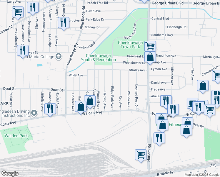 map of restaurants, bars, coffee shops, grocery stores, and more near 111 Hedwig Avenue in Buffalo