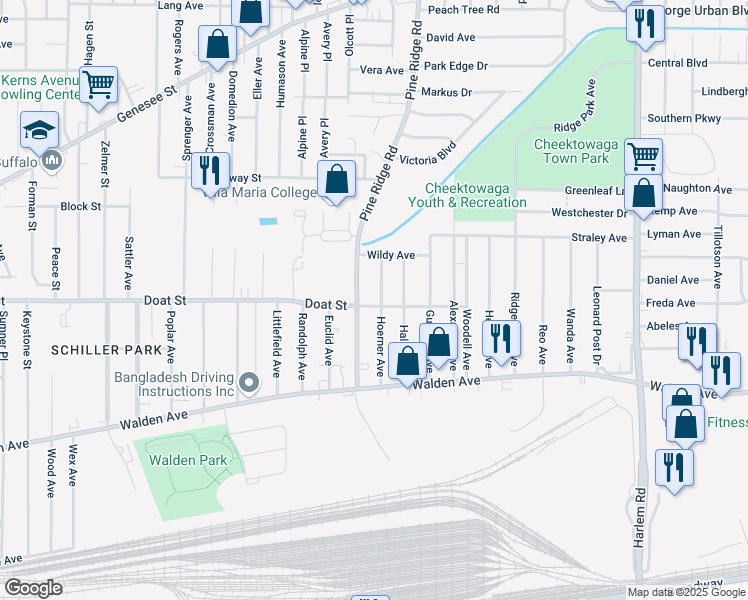 map of restaurants, bars, coffee shops, grocery stores, and more near 123 Hoerner Avenue in Buffalo