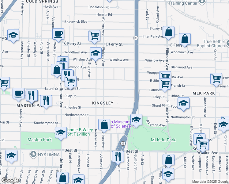 map of restaurants, bars, coffee shops, grocery stores, and more near 214 Landon Street in Buffalo