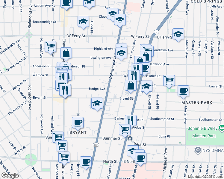 map of restaurants, bars, coffee shops, grocery stores, and more near 977 Delaware Avenue in Buffalo