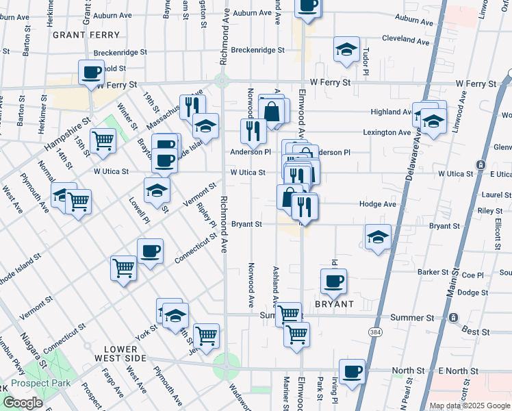 map of restaurants, bars, coffee shops, grocery stores, and more near 208 Norwood Avenue in Buffalo