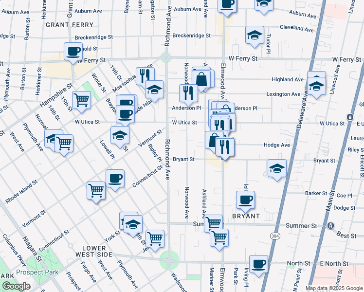 map of restaurants, bars, coffee shops, grocery stores, and more near 208 Norwood Avenue in Buffalo