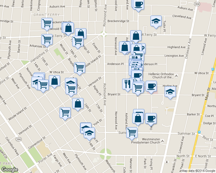 map of restaurants, bars, coffee shops, grocery stores, and more near 295 Richmond Avenue in Buffalo