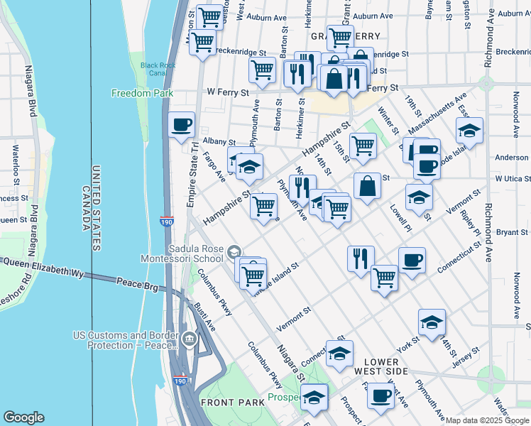 map of restaurants, bars, coffee shops, grocery stores, and more near 723 West Avenue in Buffalo