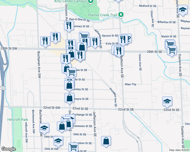 map of restaurants, bars, coffee shops, grocery stores, and more near 2933 Jefferson Avenue Southeast in Grand Rapids