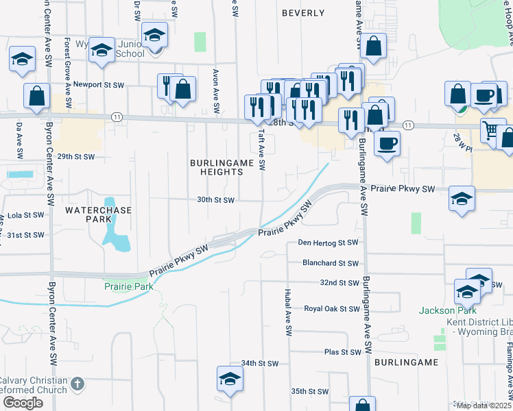 map of restaurants, bars, coffee shops, grocery stores, and more near 2976 Taft Avenue Southwest in Wyoming