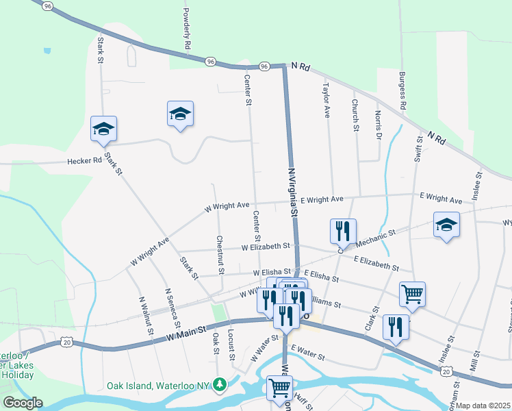 map of restaurants, bars, coffee shops, grocery stores, and more near 35 Center Street in Waterloo