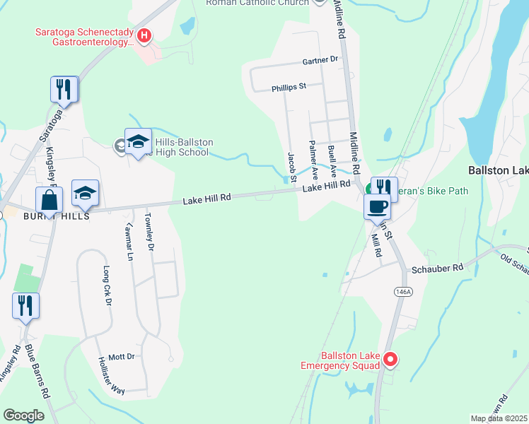 map of restaurants, bars, coffee shops, grocery stores, and more near 25 Lake Hill Road in Ballston Lake