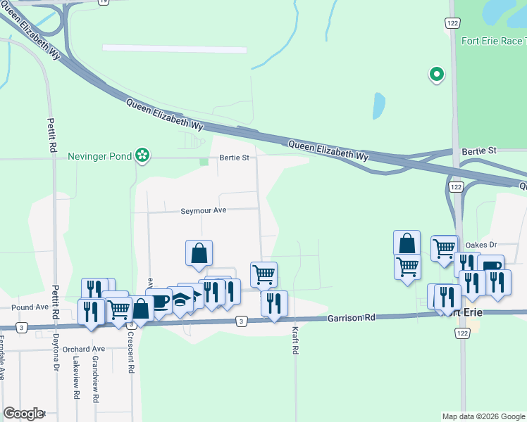 map of restaurants, bars, coffee shops, grocery stores, and more near 1250 Spears Road in Fort Erie