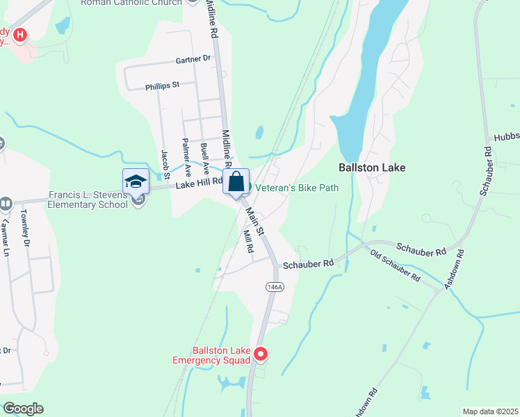 map of restaurants, bars, coffee shops, grocery stores, and more near 13 Main Street in Ballston Lake