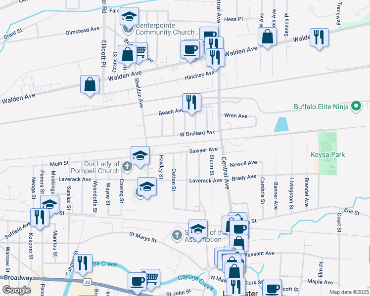 map of restaurants, bars, coffee shops, grocery stores, and more near 40 West Drullard Avenue in Lancaster