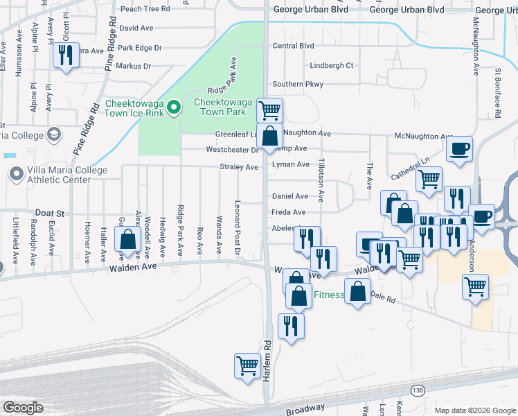 map of restaurants, bars, coffee shops, grocery stores, and more near 2454 Harlem Road in Cheektowaga