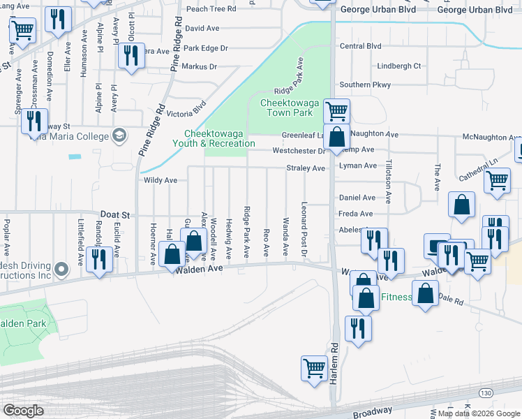 map of restaurants, bars, coffee shops, grocery stores, and more near 105 Ridge Park Avenue in Buffalo
