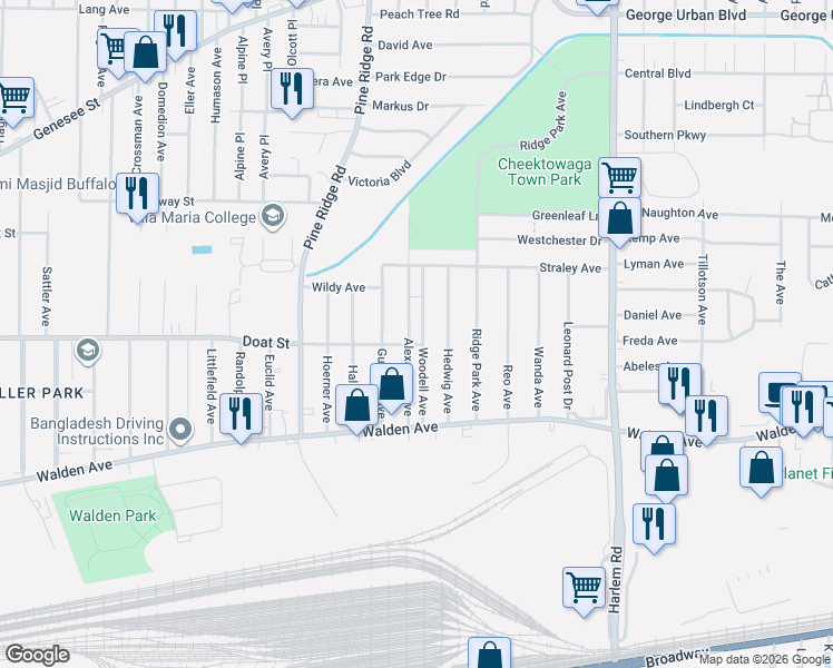 map of restaurants, bars, coffee shops, grocery stores, and more near 108 Woodell Avenue in Buffalo
