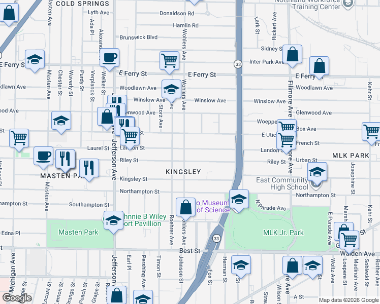 map of restaurants, bars, coffee shops, grocery stores, and more near 170 Landon Street in Buffalo