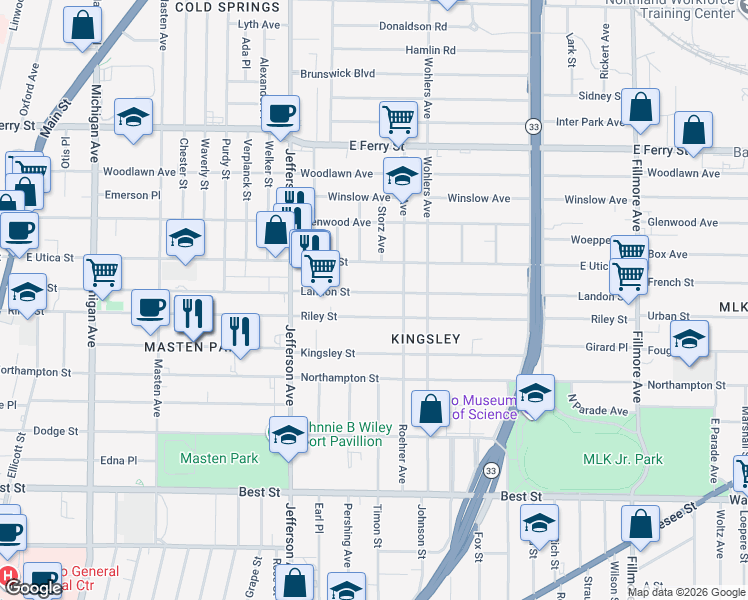 map of restaurants, bars, coffee shops, grocery stores, and more near 90 Landon Street in Buffalo