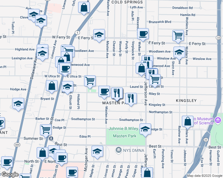 map of restaurants, bars, coffee shops, grocery stores, and more near 301 Masten Avenue in Buffalo