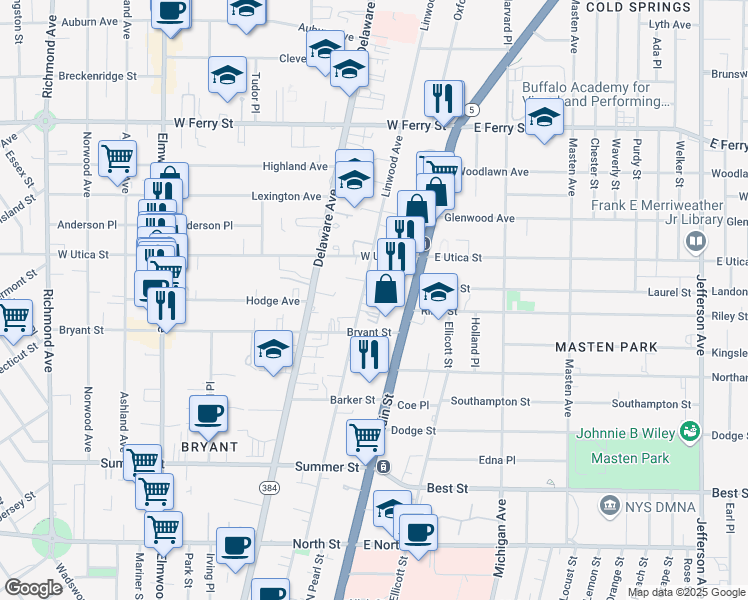 map of restaurants, bars, coffee shops, grocery stores, and more near 288 Linwood Avenue in Buffalo