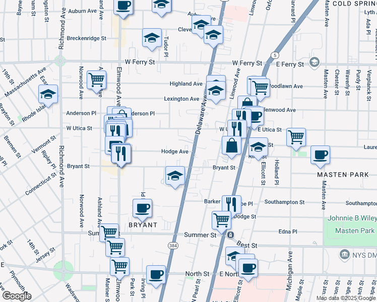 map of restaurants, bars, coffee shops, grocery stores, and more near in Buffalo