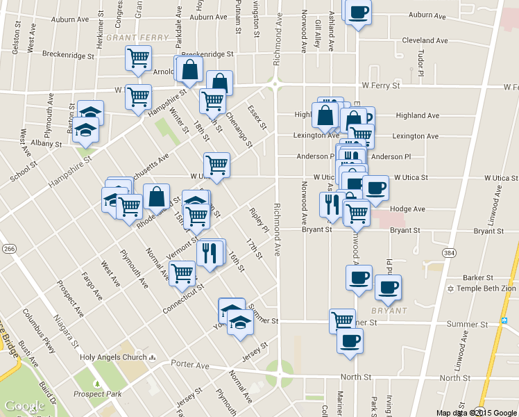 map of restaurants, bars, coffee shops, grocery stores, and more near 449 Vermont Street in Buffalo